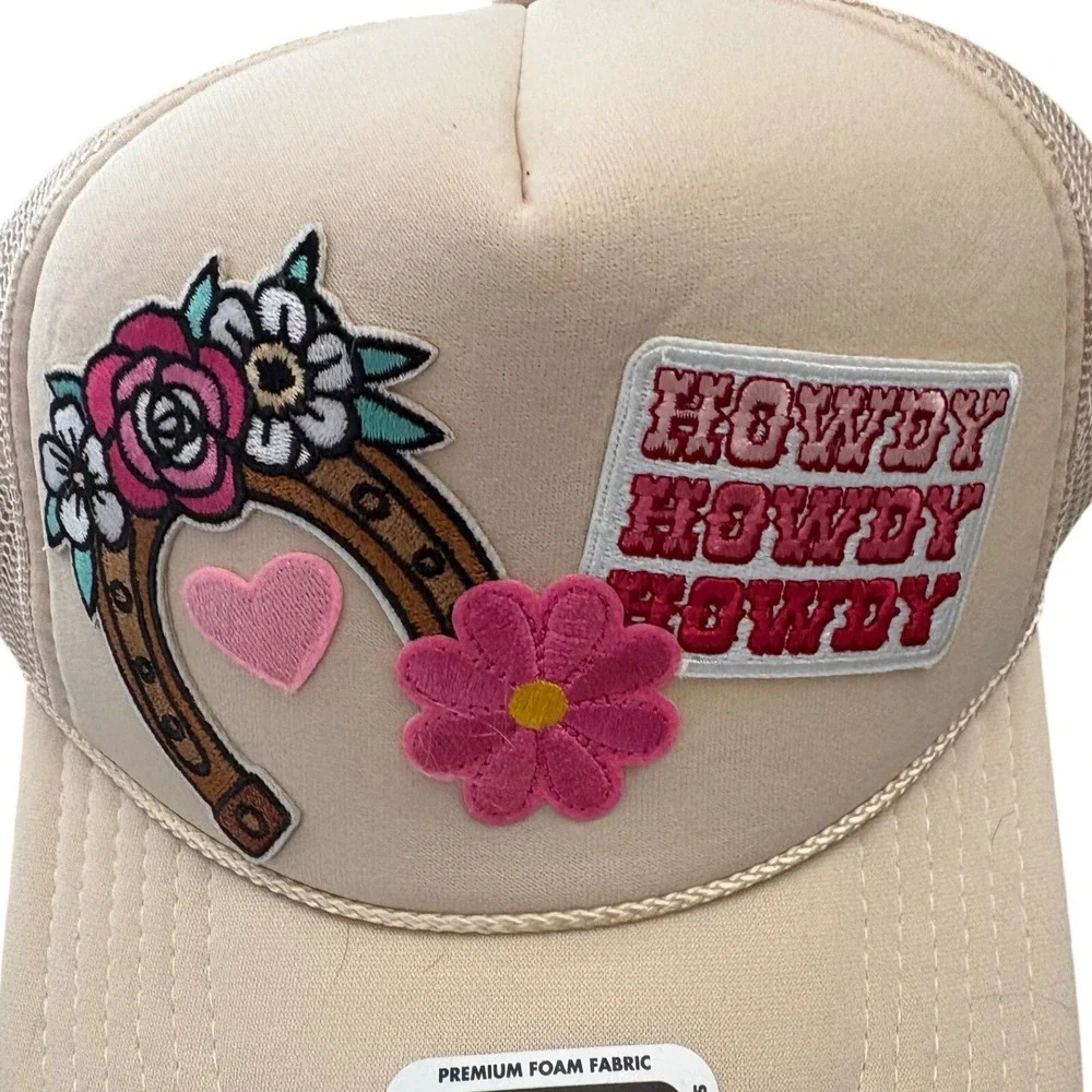 NWT Western Trucker Hat Tan Mesh Cap Howdy Horseshoe Flower Patch Snapback OSFM